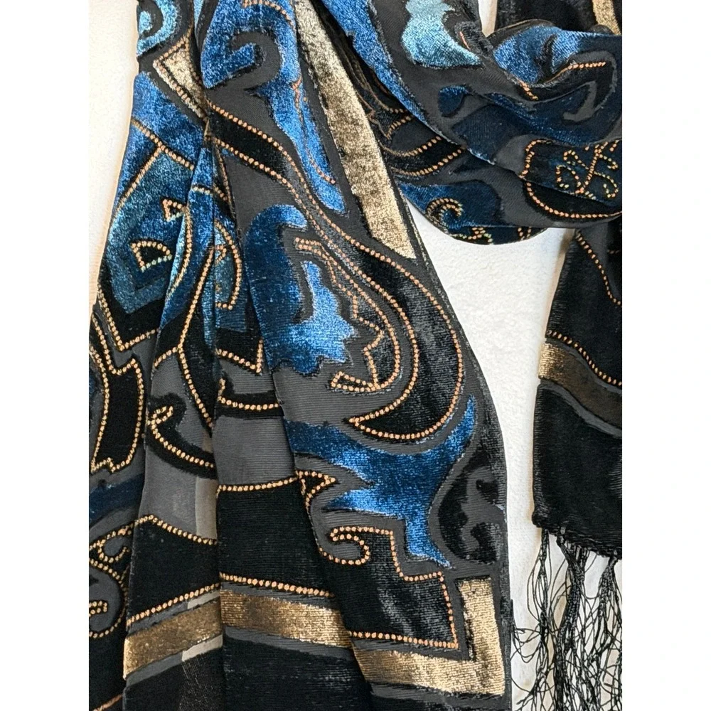 Vintage Italian Silk Blend Velvet Burnout Paisley Scarf Fringe Boho Wrap Shawl